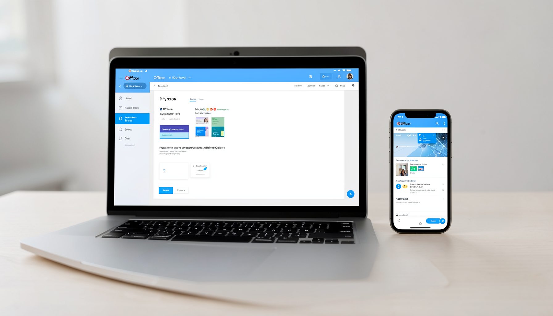 Više uređaja — laptop, tablet i telefon — prikazuju Office aplikacije, moderna povezana radna okolina