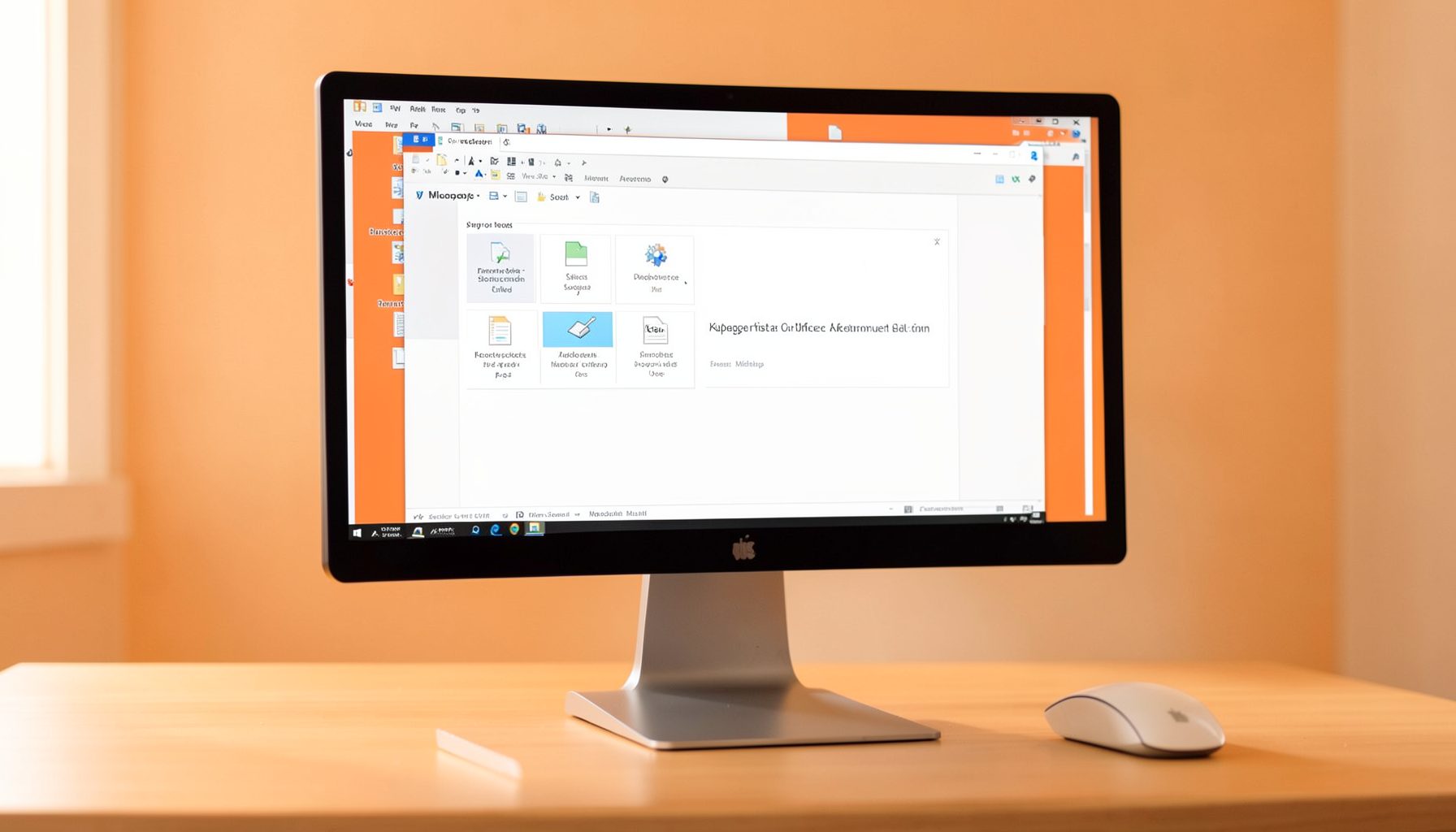 Uredski stol s prikazom Microsoft Office sučelja na monitoru, tople narančaste i bijele nijanse