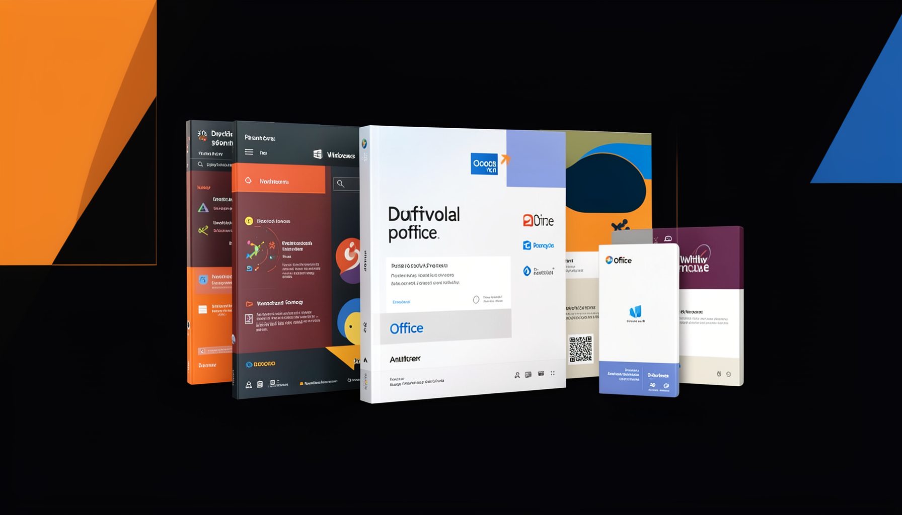 Tamna pozadina s narandžastim i plavim akcentima, prikazuje kombinaciju Windows i Office proizvoda