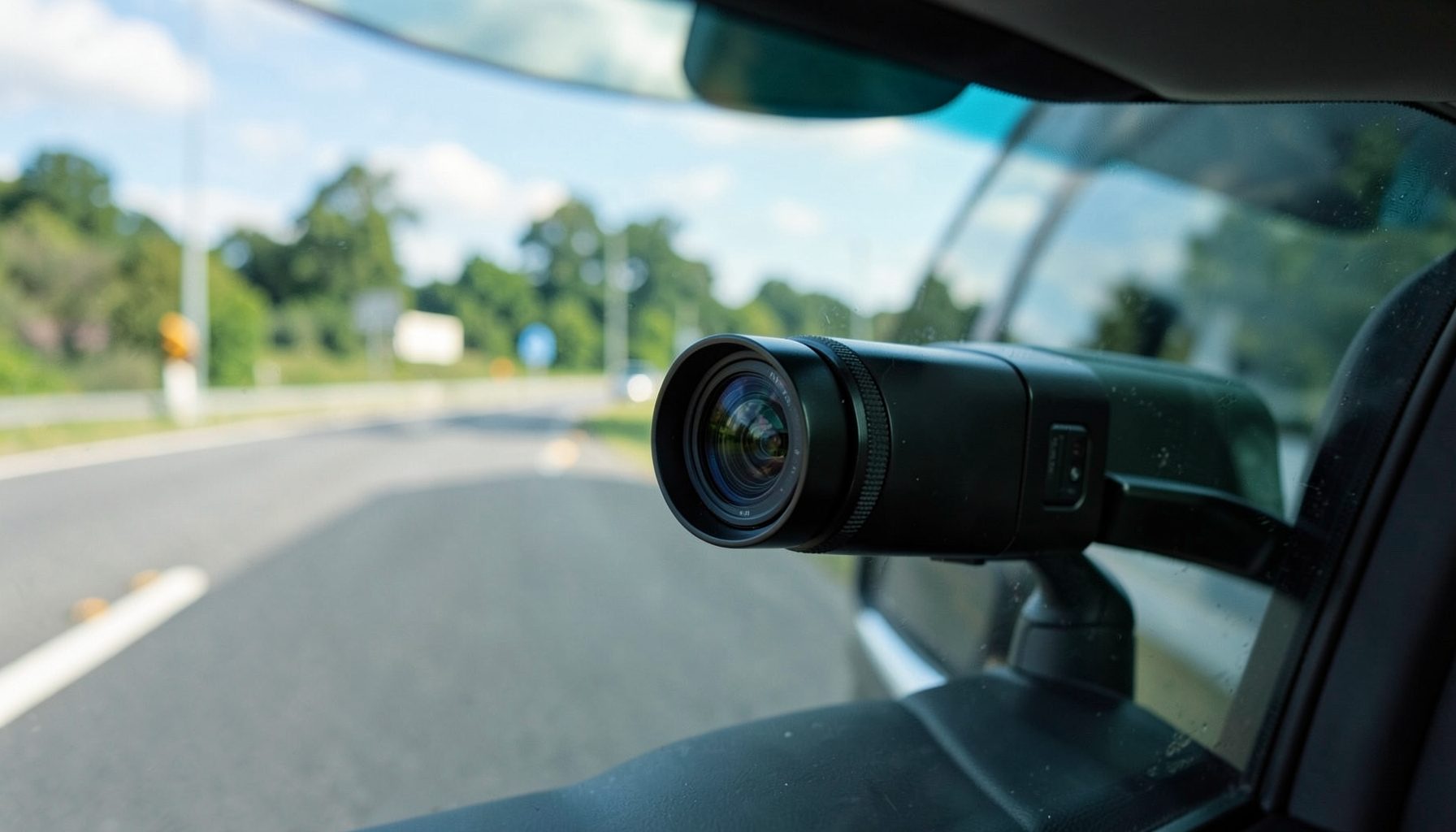 Crna HD kamera za auto postavljena na vjetrobransko staklo, s objektivom usmjerenim prema cesti